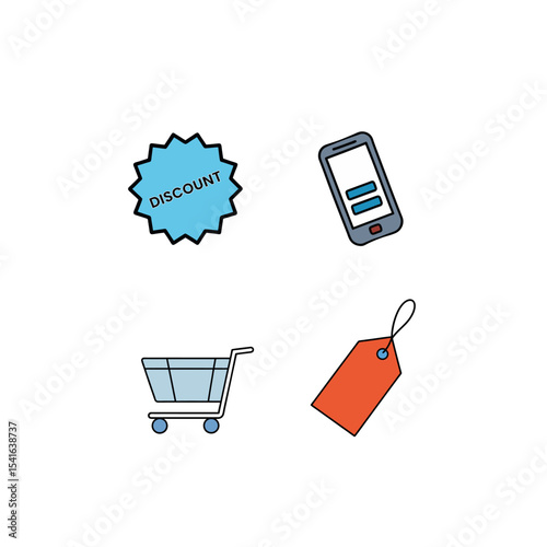 Vector art of shopping cart discount tag and mobile phone isolated on white background