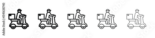 Delivery man riding motorcycle icon logo in stroke lines collection