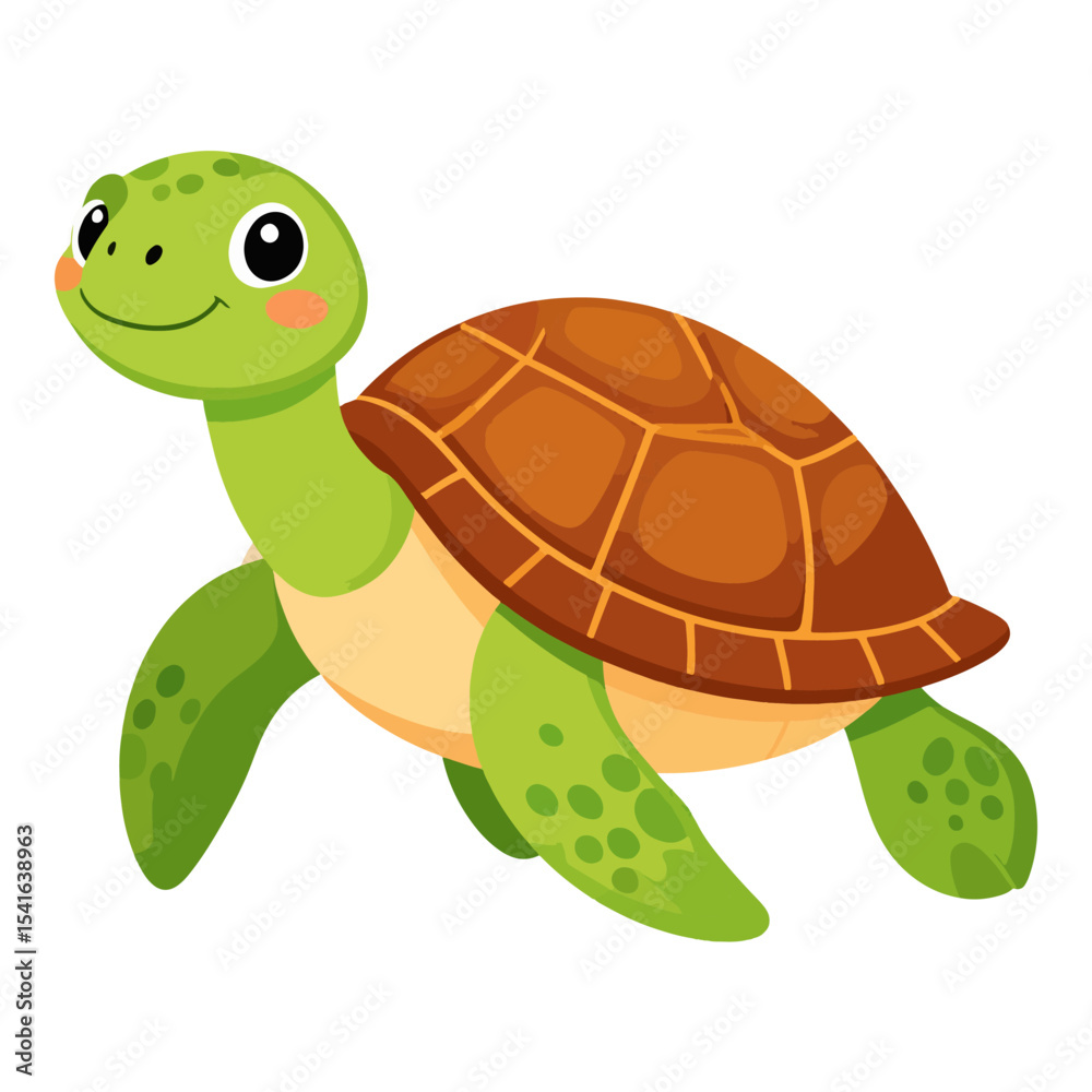 Obraz premium A cartoon sea turtle with a light brown shell green skin and a smiling face
