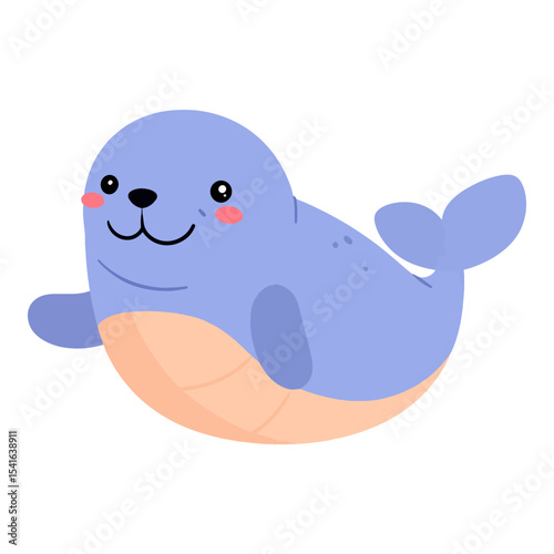 A blue cartoon seal with pink cheeks a black nose and fins poses in a simple flat design
