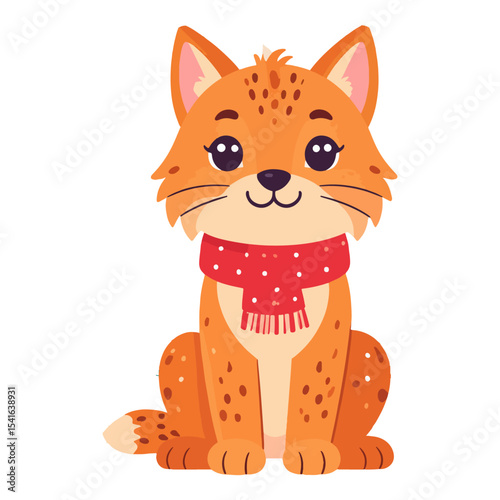An orange cartoon bobcat with a red scarf adorned with white dots sits against a white backdrop
