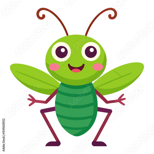 Cartoon bug features green round body large eyes pink cheeks antennae wings  simple legs Its cartoonish  appears friendly