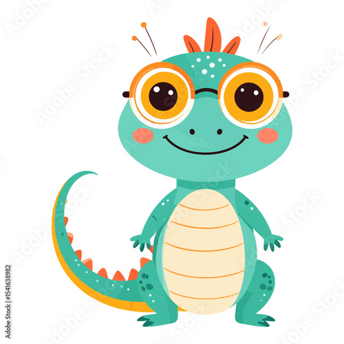 An illustrated cartoon lizard with orange glasses light orange belly spots tail small spikes and whiskers