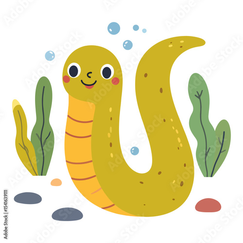 Cartoon illustration of a smiling yellow eel surrounded by plants bubbles and rocks