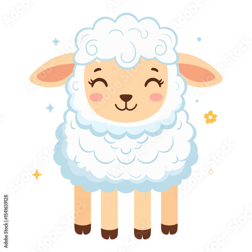 An animated sheep with a smiling face fluffy white wool peach ears standing on four legs Its surrounded by stars and a flower