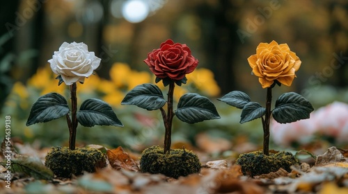 Colorful Rose Display On Autumn Leaves