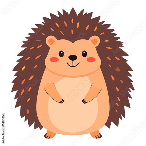 A cartoon hedgehog with brown spines peach face pink cheeks  small feet
