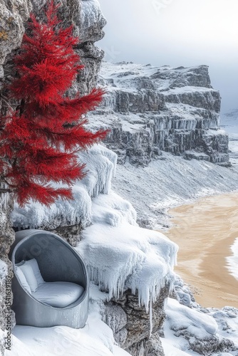 Snowy Cliffside Scene With Red Tree And Metal Chair