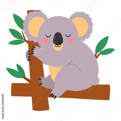 A cartoon koala clings to a brown tree branch with green leaves scattered around