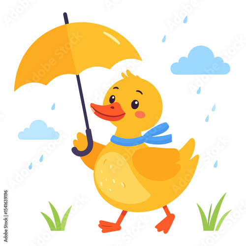 A yellow cartoon duck walks under a yellow umbrella with clouds and rain in the background