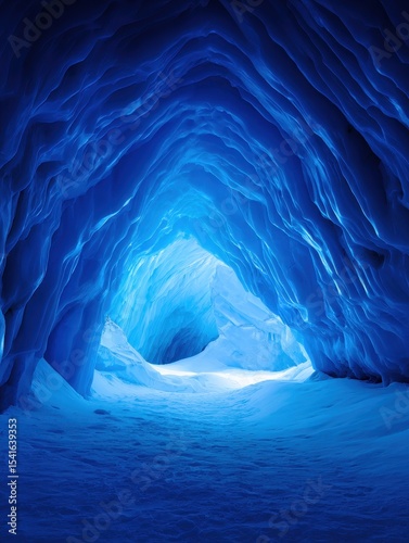 Stunning ice cave with vibrant blue hues, showcasing natural formations and serene atmosphere