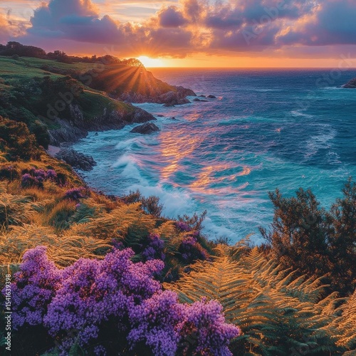 Coastal Sunset With Purple Flowers And Dramatic Waves