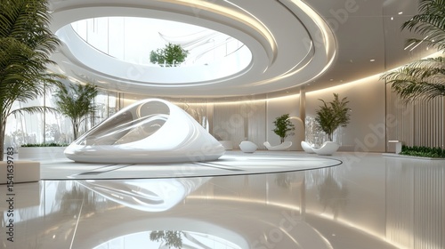 Futuristic Lobby Interior Design, Modern White Space with Plants