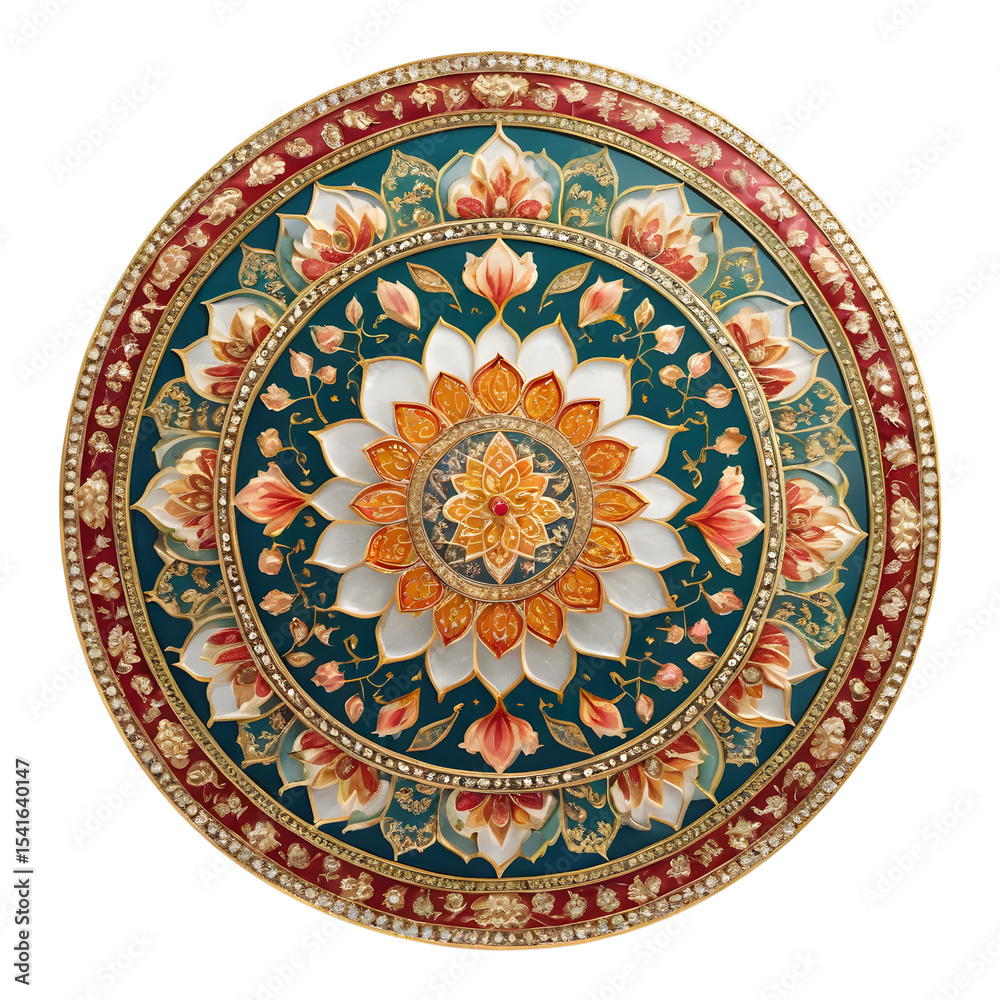 Fototapeta premium Ornate circular mandala design with intricate floral patterns and gemstones