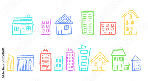 Hand-drawn art of colorful neighborhood buildings for children. Pastel school and kindergarten elements in wax crayon and charcoal squiggle style, perfect for ecology themes. Vector illustration