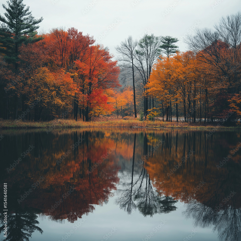 Obraz premium A calm lake reflecting trees during autumn season