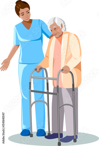 care worker walking with elderly woman