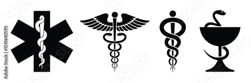 Healthcare and medicine symbol icon set with cross, caduceus, star of life, rod of asclepius, and bowl of hygieia. vector sign collection for pharmacy, hospital, and emergency services

