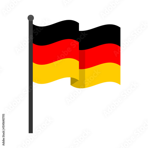 Waving German flag on flagpole. Vector illustration of the flag of Germany mounted on a vertical flagpole with a rounded finial