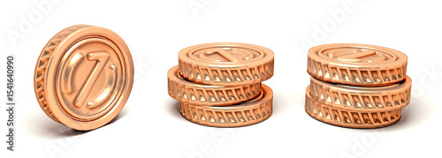 3D set realistic golden coins. 3d render of Copper Coin Stacks with Embossed Number 1. coin 3d icon