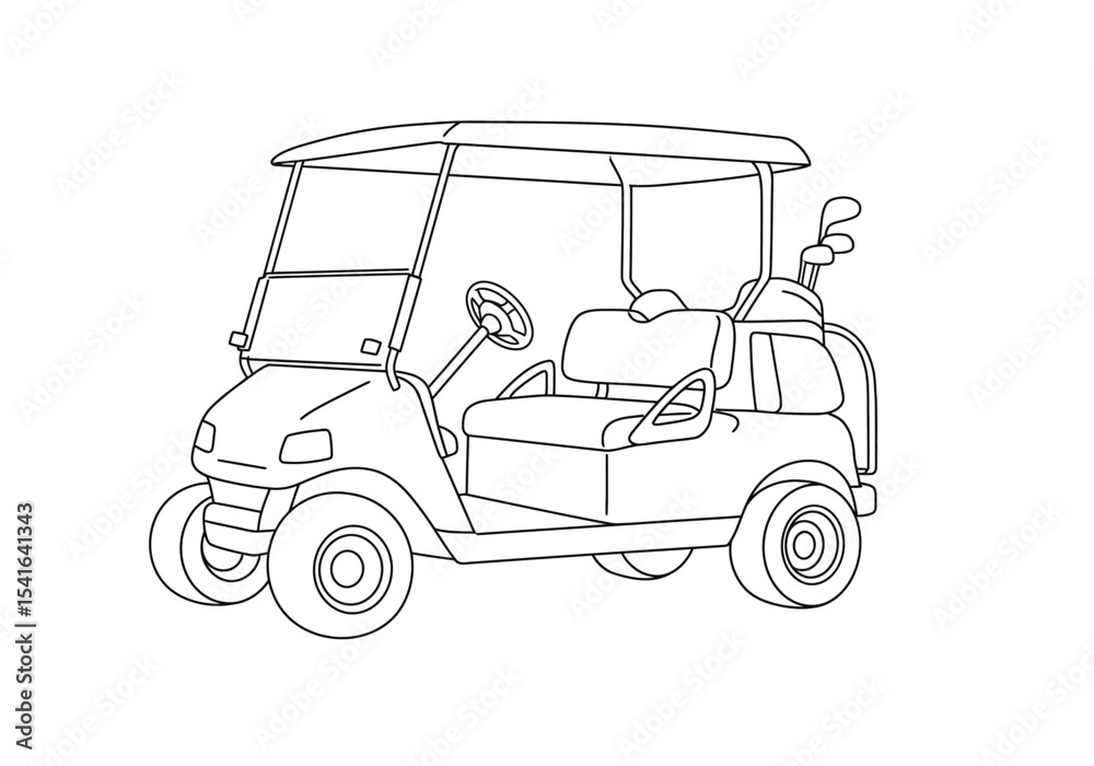 Fototapeta premium Golf car drawing. It is a black and white outline image of a golf cart with clubs in the back, representing transportation on a golf course. Vector sketch line art draw.