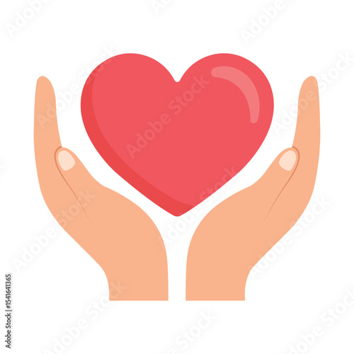 Hands holding heart. Save and care life vector flat color icon