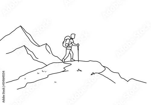 Trekking drawing. It is a black and white outline image of a person trekking up a mountain path with a backpack and walking stick, symbolizing an outdoor adventure. Vector sketch line art draw.
