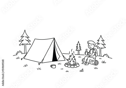 Camping cartoon drawing. It is a black and white outline image of a person sitting by a campfire next to a tent, depicting a peaceful outdoor scene. Vector sketch line art draw.