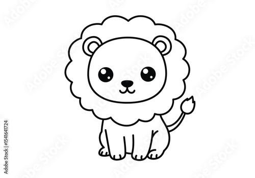 Kawaii lion drawing. It is a black and white outline image of an adorable and charming cartoon lion, perfect for children's designs. Vector sketch line art draw.
