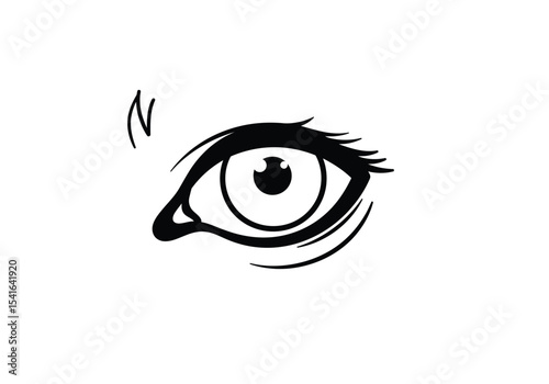 Lion eye drawing. It is a black and white outline image of a fierce lion's eye, conveying intensity, alertness, and powerful gaze. Vector sketch line art draw.