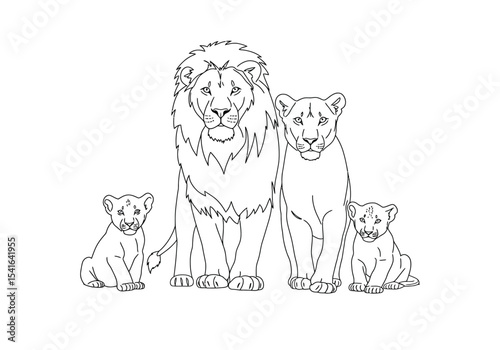 Lion family drawing. It is a black and white outline image of a lion family, including a male, female, and two cubs, representing a pride and familial bond. Vector sketch line art draw.