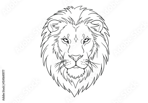 Lion front view drawing. It is a black and white outline image of a lion's face from the front, showcasing its powerful gaze and impressive mane. Vector sketch line art draw.