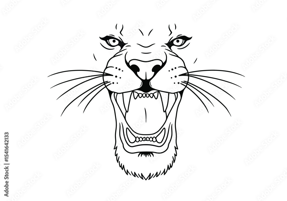 Obraz premium Lion mouth drawing. It is a black and white outline image of a lion's open mouth, revealing sharp fangs and expressing a fierce roar or growl. Vector sketch line art draw.