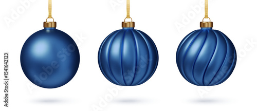 Christmas blue bauble set. Classic festive holiday decor bright sphere toy with loop for hanged isolated. 3D Realistic vector illustration PNG