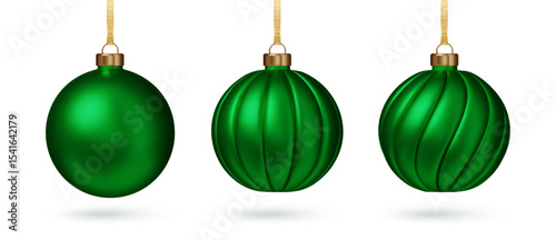 Christmas green bauble set. Classic festive holiday decor bright sphere toy with loop for hanged isolated. 3D Realistic vector illustration.PNG