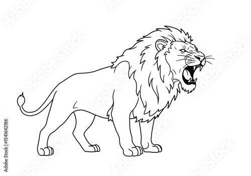 Lion roaring drawing. It is a black and white outline image of a powerful lion in mid-roar, showcasing its bared fangs and expressive ferocity. Vector sketch line art draw.