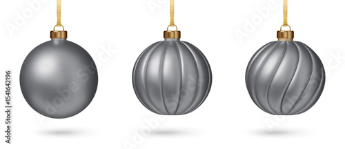 Golden Christmas bauble set. 3D Realistic ornaments for holiday tree or festive project. Vector EPS. PNG