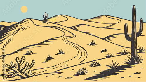 Vector Desert Landscape Illustration – Minimalist Sand Dunes and Cactus Scenery , Pro Vector