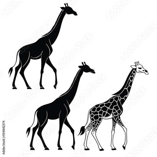 Elegant black and white giraffe silhouettes depicting graceful african wildlife in various styles