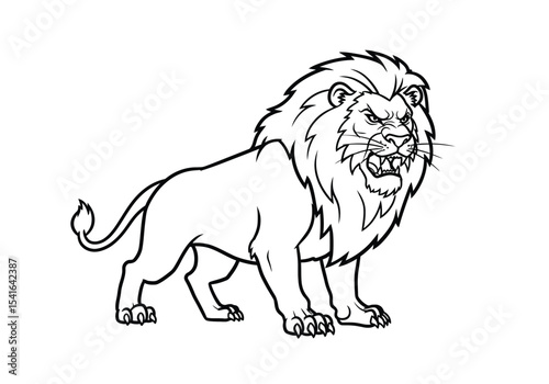 Angry lion drawing. It is a black and white outline image of an enraged lion, a fierce and powerful wild cat, with a menacing snarl and bared fangs. Vector sketch line art draw.