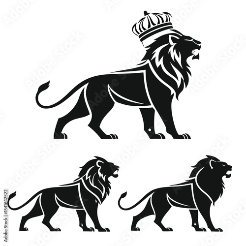 Elegant black lion silhouettes featuring crown design for logo or emblem elements
