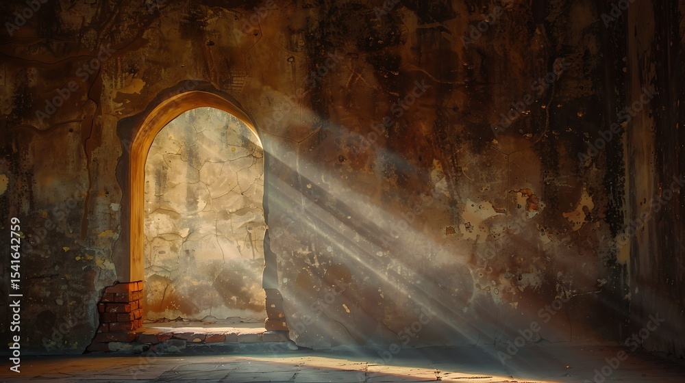 Fototapeta premium Sunlight streams through an archway in a weathered stone structure.