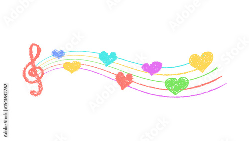 Musical key with crayon lines and hearts. Fun hand-drawn charcoal signs with stamp texture, music underline, and hearts in vibrant kindergarten color scheme. Colorful vector card illustration