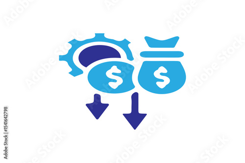 It features a dark blue gear partially obscured by a light blue circle containing a dollar sign, and a light blue money bag also with a dollar sign.