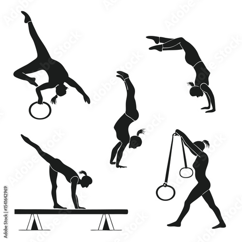 Silhouetted gymnastics routines depicting balance strength and flexibility on white background
