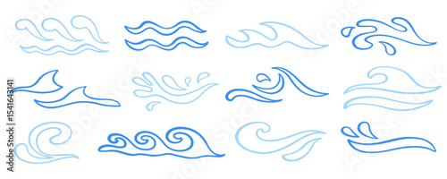 Abstract blue ocean waves logo outline icons set
