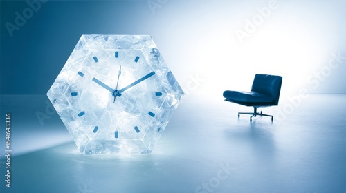 Minimalist light-blue toned space featuring a large hexagonal transparent clock with icy appearance, blue hour markers, and modern hands. Sleek dark-blue lounge chair with metal base, smooth reflectiv
