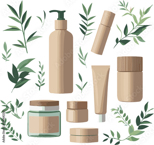 Ecofriendly skincare products amidst leafy greens