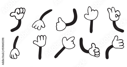 Cartoon hands in gloves. Set of cartoon hands with different gestures and directions. Hands isolated on white background. Pointers. Vector illustration