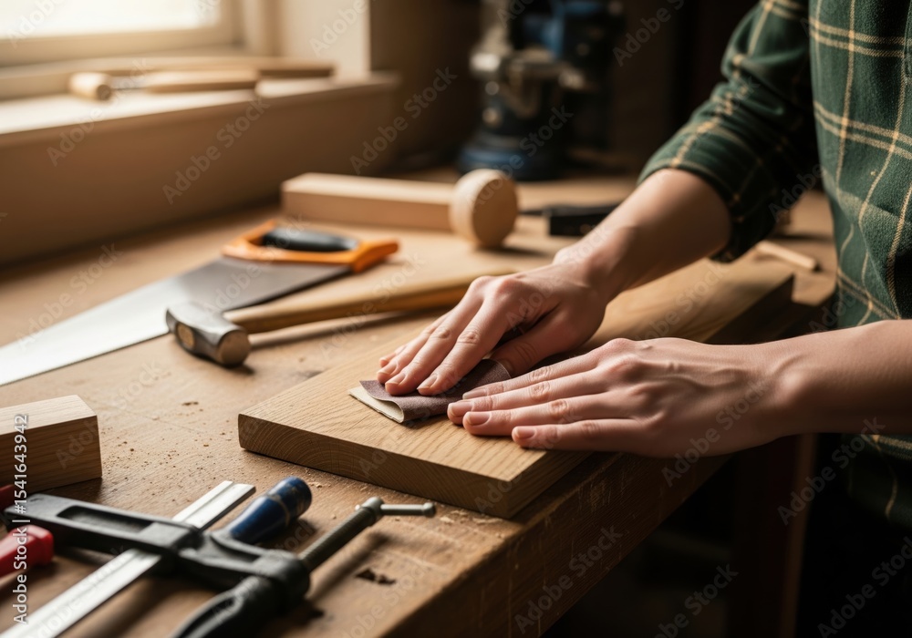 Woodworking and Carpentry with Hands Sanding a Piece of Wood a Concept for a DIY Project or a Craft Hobby Woodworking and Carpentry with Hands Sanding a Piece of Wood a Concept for a DIY Project or a Craft Hobby